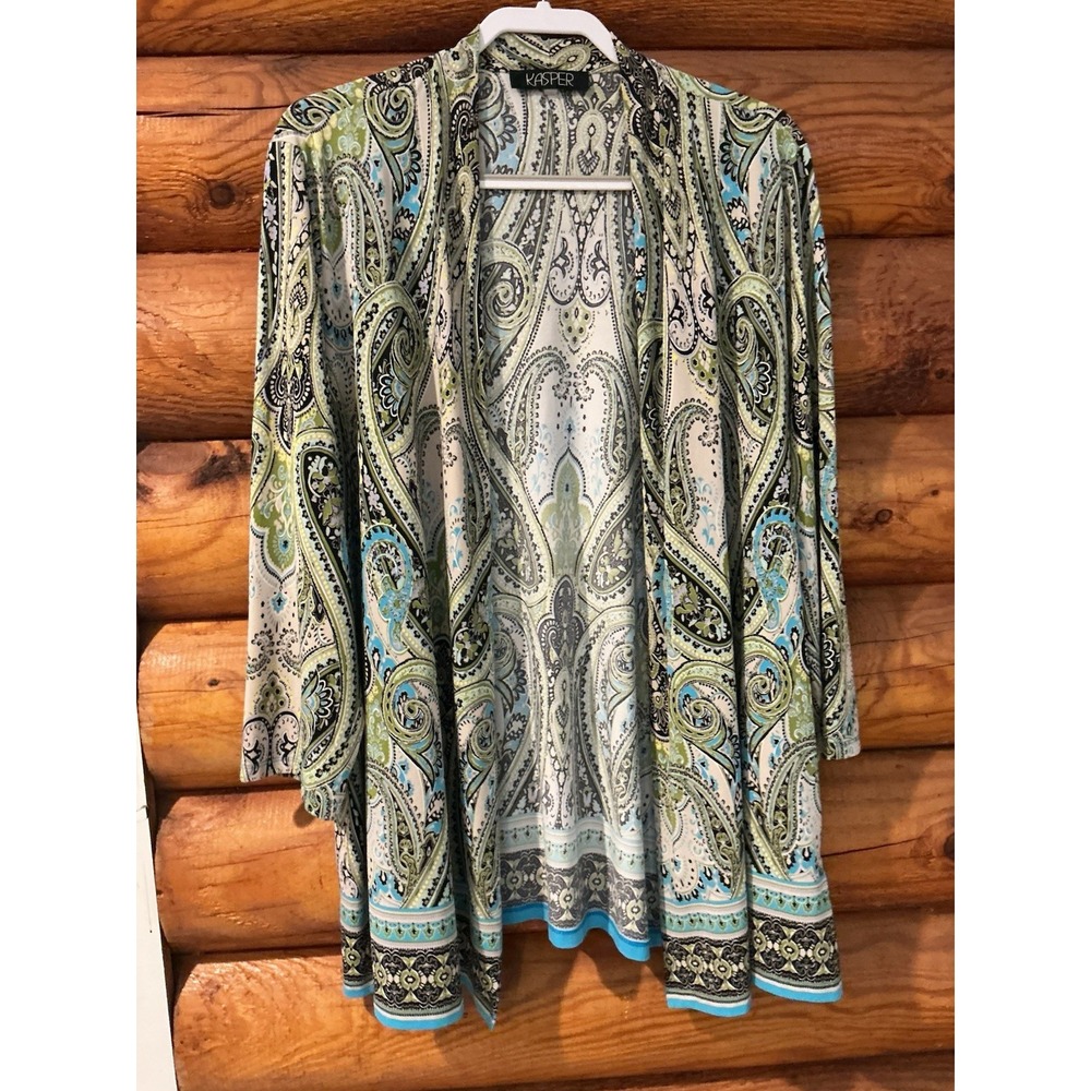 Kasper Paisley Stretchy 3/4 Sleeves Open Front‎ Cardigan Size 1X